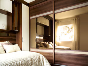 Dark Walnut, Blossom Oatmeal Glass & Bronze Mirror Sliding Doors