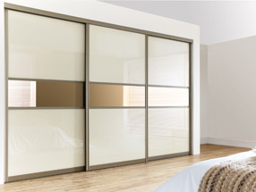 Pearl White Glass and Bronze Mirror Sliding Doors