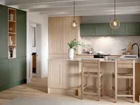Elland Kitchen in Supermatt Smoke Green and Light Valenza Oak