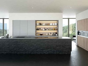 Kitchen in Evora Stone Graphite, and Valore Urban Oak