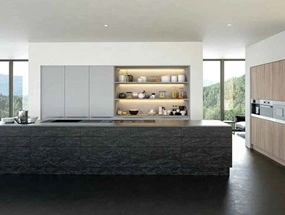 Kitchen in Evora Stone Graphite, and Valore Urban Oak