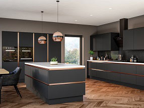 SUPERMATT Kitchen in Supermatt Graphite with Copper Handleless Rail
