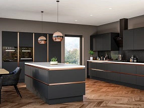 SUPERMATT Kitchen in Supermatt Graphite with Copper Handleless Rail